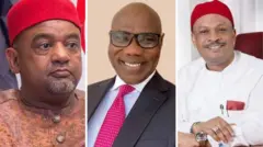 Collage of PDP acting national chairman Umar Dagmagum, Publicity secretary Debo Ologunaba and national secretary Samuel Anyanwu