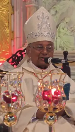සුදු පාට ලෝගුවක් සහ ඔටුන්නක් පැළඳි අයෙකු මෙහි සිටිනවා.
