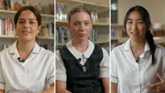 Split screen of three teenage girls. They are all wearing school uniforms and are sitting in front of a bookshelf