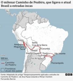 Mapa da América do Sul mostra a rota do Peabiru. As cidades marcadas, na ordem aproximada leste–oeste, são:
São Vicente, Florianópolis, Peabiru, Guaíra, Foz do Iguaçu, Puerto Casado, Corumbá, Santa Cruz de la Sierra, Potosí, Arequipa, Mogueguá, Tacna e Cusco
O traçado acompanha o território de Brasil, Paraguai, Bolívia e Peru.