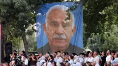 Öcalan'ın mavi bir zeminde beyaz saçlı büyük bir poster gibi fotoğrafı asılmış. Ağaçlık alanda yapılan bu etkinlikte çok sayıda kişi bir yere doğru bakıyor