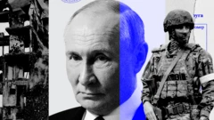 Un montaje en el que se en el centro una foto del presidente ruso Vladimir Putin, mientras que a su izquierda se ven los escombros de un edificio, y a su derecha se ve un soldado con camuflados. 