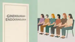 Неколико жена седи у чекаоници, на вратима прецртана реч гинекологија, а додата ендокринологија