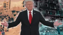 Колаж - Трамп розводить руки в сторони, на тлі праворуч від нього руїни в Україні, ліворуч - палестинці на тлі руїн в Газі