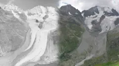 Blended image comparison of the Tschierva Glacier in 1935 on the left and 2022 on the right. The glacier extends far down the valley in 1935 but has retreated way up the valley by 2022.