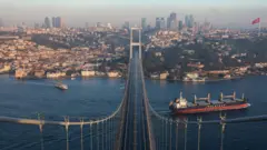 Туркиянинг Истанбул шаҳрининг Осиё ва Европани боғлайдиган Босфор кўприги устидан кўриниши