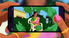 Ilustração colorida mostra mãos femininas segurando um smartphone, filmando uma mulher com roupas tradicionais indianas sentada numa cadeira
