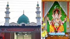 गोटखिंडी की इस मस्जिद (बाएं) में गणपति विराजे हैं, कुरुंदवाड की ढेपनपुर मस्जिद में विराजे गणपति (दाएं)