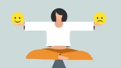 Ilustración de una mujer equilibrando una cara sonriente y una cara triste