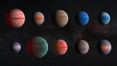 Ilustrações de 10 exoplanetas similares a Júpiter, com diferentes cores e tamanhos