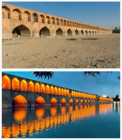 O rio Zayandeh Rud e a ponte Allahverdi Khan (Si-o-se-pol, ou Ponte dos 33 Arcos) em Isfahan, no Irã, em 22 de fevereiro de 2025, em comparação com outra imagem de 5 de junho de 2023, que mostra a água fluindo ao longo do rio à noite