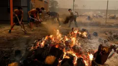 Los alumnos de David González, propietario de un gimnasio de artes marciales para jóvenes, intentan extinguir un incendio frente a la casa de David mientras los incendios forestales rodean el pueblo el 24 de julio de 2026 en El Tiemblo, en la provincia de Ávila, España.