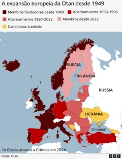 Mapa mostrando os membros da Otan em toda a Europa