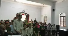 Ba bị cáo Ninh Viết Bình, Đặng Văn Hiến và Hà Văn Thường tại phiên tòa phúc thẩm hôm 12/7/2018