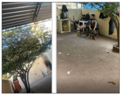 Colagem com duas fotos; na direita, é possível ver homens sentados perto de fuzis