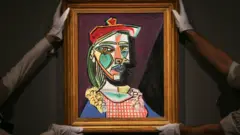 Asistentes de una galería sostienen una obra del artista español Pablo Picasso titulada 'Femme au beret et a la robe quadrillee' (Marie-Therese Walter) con un precio estimado en torno a los US$50 millones.