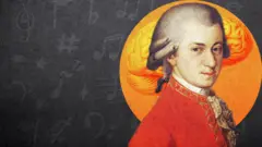 Montagem de Mozart com notas musicais ao fundo