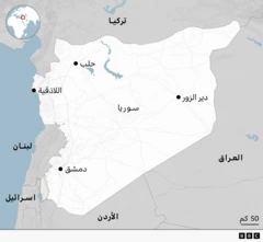 خريطة لسوريا تظهر بعض المدن الرئيسية.