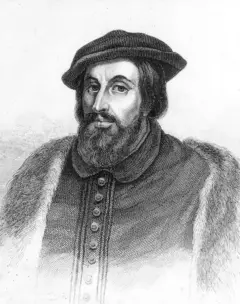 Ilustración en blanco y negro de Hernán Cortés.