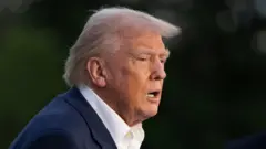 US President Donald Trump, stood outside against a blurred green background, wearing a blue jacket and wite shirt