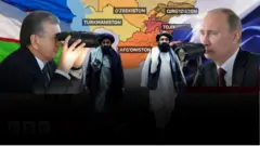 Mirziyoyev, Putin va Tolibon vakillari xarita fonida aks etgan kollaj.