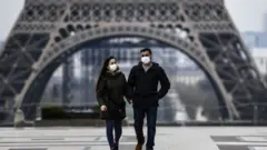 Couple wear mask near Eiffel tower for Paris, France