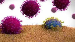 Illustration of a mutated form of a coronavirus (blue) exiting a cell.