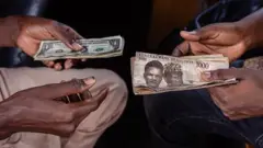 Wasu mutum biyu, ɗaya rike da takardun naira, ɗayan kuma da takardun dalar Amurka 