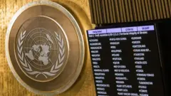 A screen shows results of voting by members of the United Nations General Assembly on a resolution condemning Russia's annexation of regions of Ukraine