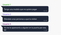 Una conversación entre tres usuarios hablando sobre una modelo que no paga y las personas que le enviarán para que lo haga.