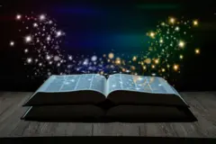 Livros com palavras que se transformam em pequenas luzes