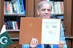 Pakistani Prime Minister Shehbaz Sharif poses for a photo after he signed the Islamabad Accord document in Islamabad, Pakistan on June 18, 2026. The signing ceremony took place at the newly designated Islamabad Accord Monument, a site that already bears the signatures of U.S. President Donald Trump and Iranian President Masoud Pezeshkian. (Photo by Government of Islamabad / Handout/Anadolu via Getty Images)