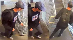 Capturas de video de un hombre vestido de negro, con zapatillas, gorra y mochila, bajando por una escalera.