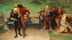 Quadro do século 19, de autoria de Marcus Stone, mostra Eduardo 2º e Gaveston sendo observados pelos membros da corte