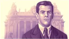 Imagem antiga de um homem e um palácio de governo atrás