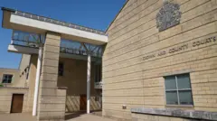 Outside of Northampton Crown Court, na cream brick building wit one glass canopy for di entrance.