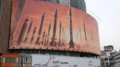 Иранские ракеты на плакате в Тегеране, апрель 2024 года