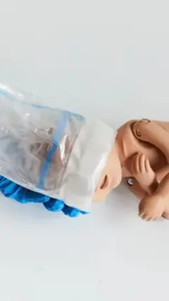 Bebê de brinquedo com uma espécie de sacola ao redor da cabeça