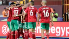 Les Lions de l'Atlas célébrant leur but face à la Naimibie