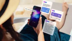 Ilustração de uma mulher usando a inteligência artificial no telefone celular para planejar uma viagem