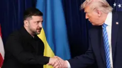 青い幕やアメリカとウクライナの国旗を背に、目線を合わせて握手する両大統領