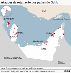 Mapa dos países ao redor do Golfo, destacando Bahrein, Catar e Emirados Árabes Unidos. Os locais de risco estão concentrados principalmente na pequena ilha do Bahrein, na costa leste do Catar e ao longo da costa norte dos Emirados Árabes Unidos, especialmente em torno de Abu Dhabi e Dubai.