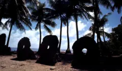 Hilera de piedras rai con palmeras y el mar en el fondo