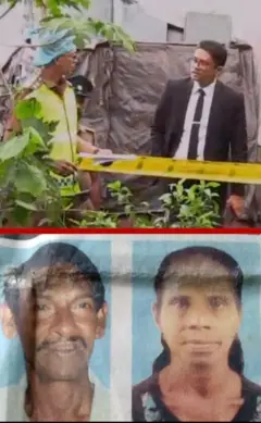 අපරාධයක් වූ ස්ථානයක කහ පටියක් ඇද ඇති අතර කළු කෝට් එකක් පැළඳ සිටින පුද්ගලයෙකු සහ පොලිස් නිලධාරියෙකු සිටි.