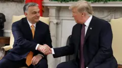 Prezydent USA Donald Trump ściska dłoń premiera Węgier Viktora Orbána podczas spotkania w Gabinecie Owalnym 13 maja 2019 roku w Waszyngtonie.