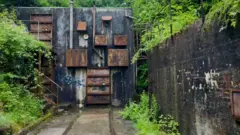 The exterior of a cement building, there are rusty boxes and doors on the front. there is a rail track going all the way down the lane and into the building. There is a storm drain on the left of the tracks and there is overgrowth on all sides.