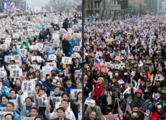 사진 왼쪽은 종로구 안국동에서 열린 야5당 공동 '윤석열 파면 촉구 범국민대회'. 오른쪽은 광화문광장 일대에서 열린 '자유통일을 위한 국민대회'. 