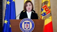 Moldovan President Maia Sandu delivers her speech during a common statement that concluded her official meeting with Romanian president at Cotroceni Presidential Palace, in Bucharest, Romania, 23 February 2023