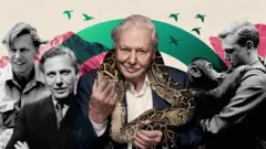 Collage artístico con el retrato reciente de David Attenborough sosteniendo una serpiente, rodeado de retratos suyos de joven en blanco y negro y elementos naturales estilizados.