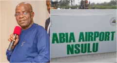 Gọvanọ Alex Otti yi uweojii na-acha anụnụ anụnụ ma jiri igwe e ji ekwu okwu n'aka. foto nke ọzọ bụ njirimaara ọdọụgbọelu Abia Steeti dị n'obodo Nsulu.